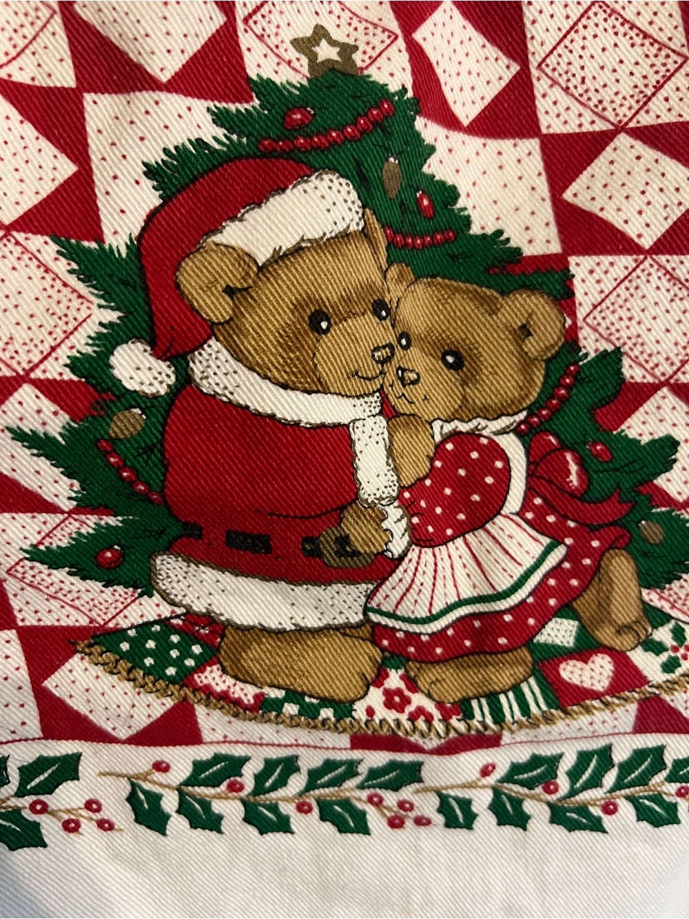 Vintage 1980’s Barth & Dreyfuss Christmas Teddy Bear Apron with Holly Accente